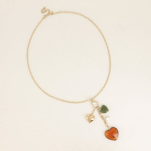Collier Y - mousqueton avec cristal et coeur, breloques coeurs, perles et résine