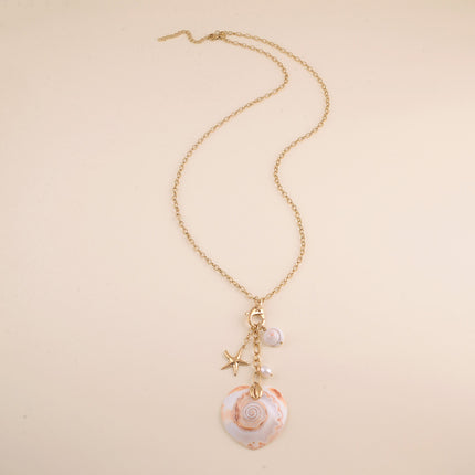 Sautoir - coquillages naturels, étoile de mer, perle d'eau douce, cauri