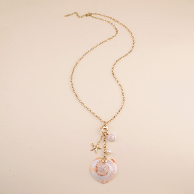 Sautoir - coquillages naturels, étoile de mer, perle d'eau douce, cauri