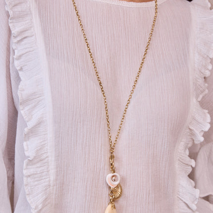 Necklace - lobster clasp, seashells, starfish, freshwater pearl and resin fish