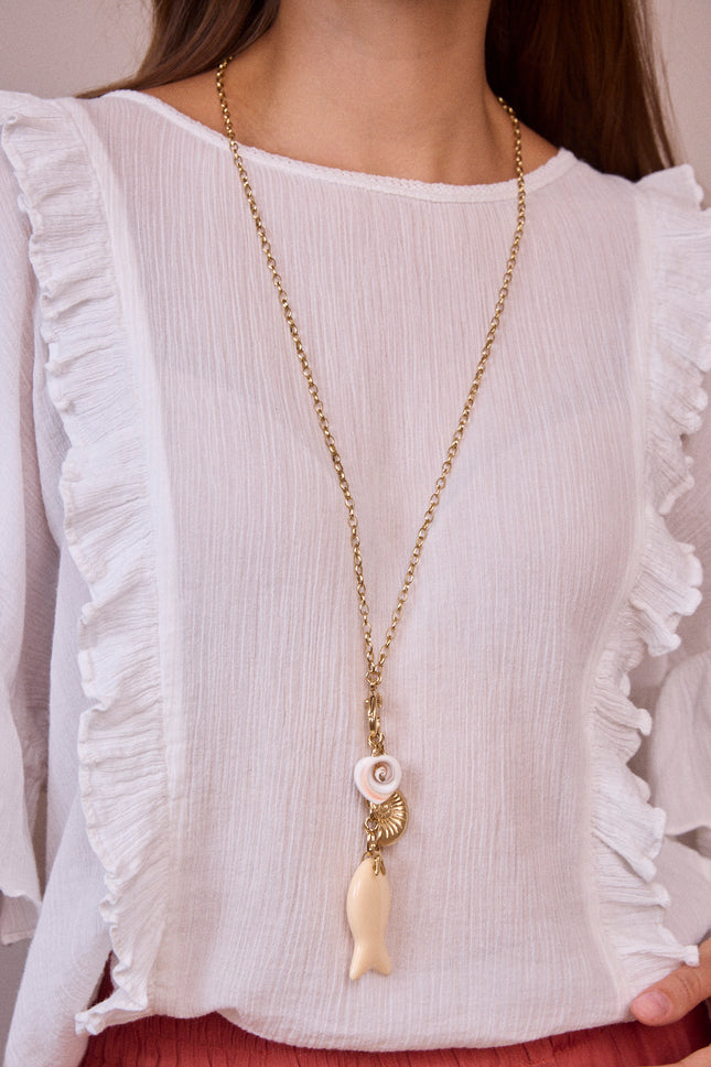 Necklace - lobster clasp, seashells, starfish, freshwater pearl and resin fish
