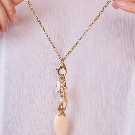 Necklace - lobster clasp, seashells, starfish, freshwater pearl and resin fish