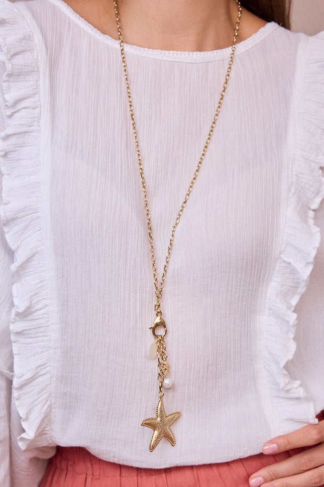 Long necklace - lobster clasp, starfish, mother-of-pearl shell, freshwater pearl and seashell