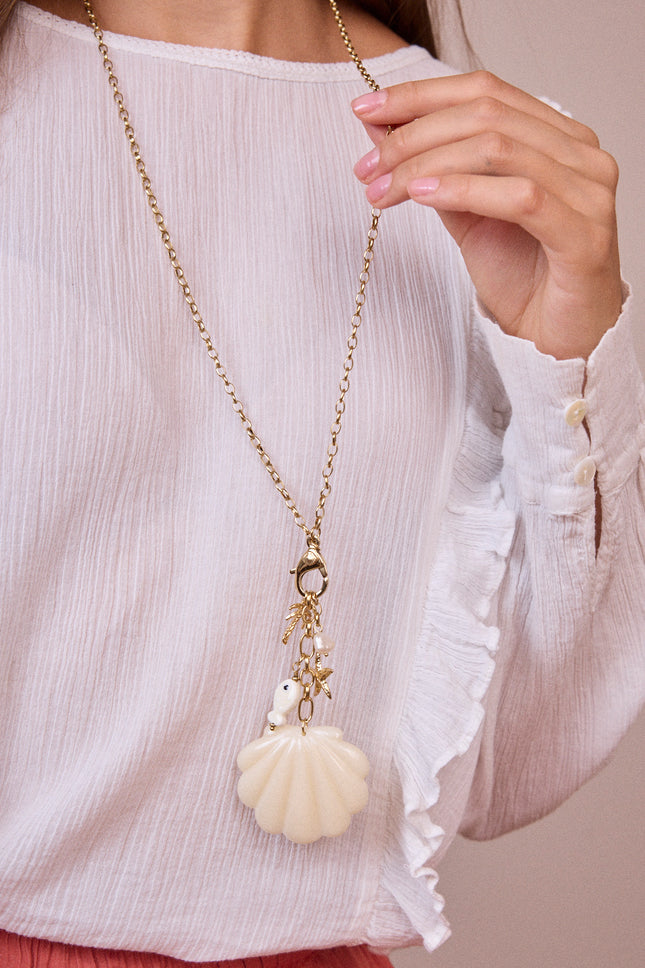 Necklace - lobster clasp, starfish, freshwater pearl, palm tree, ceramic fish and resin shell