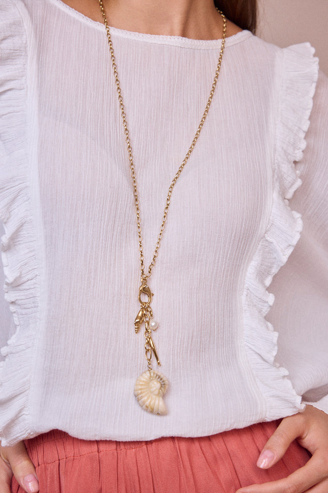 Long necklace - lobster clasp, freshwater pearl, fish, shells, resin
