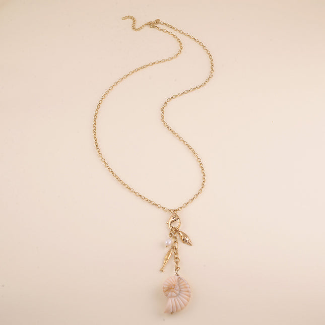 Sautoir - fermoir mousqueton, perle d'eau douce, poisson, coquillages, résine