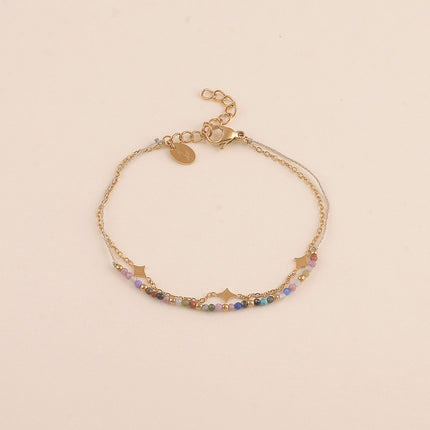 Bracelet 2 rangs - cordon et pierres naturelles, pampilles losanges