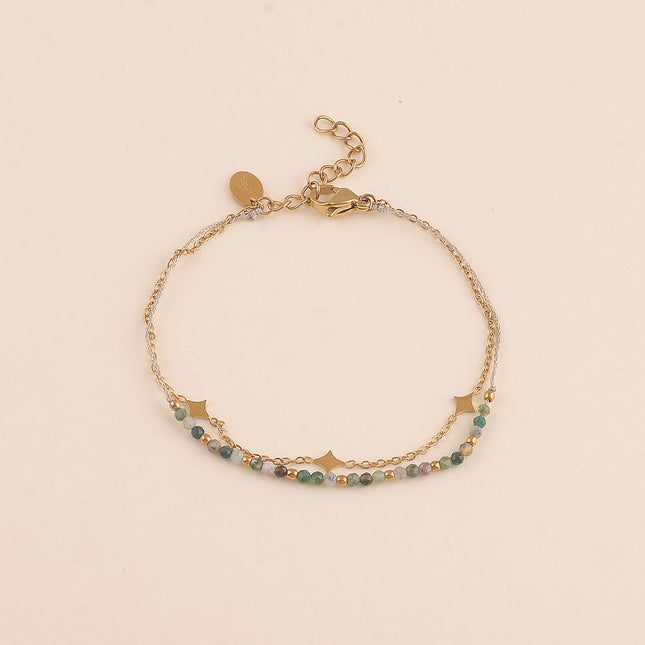 Bracelet 2 rangs - cordon et pierres naturelles, pampilles losanges
