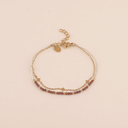 Bracelet 2 rangs - cordon et pierres naturelles, pampilles losanges