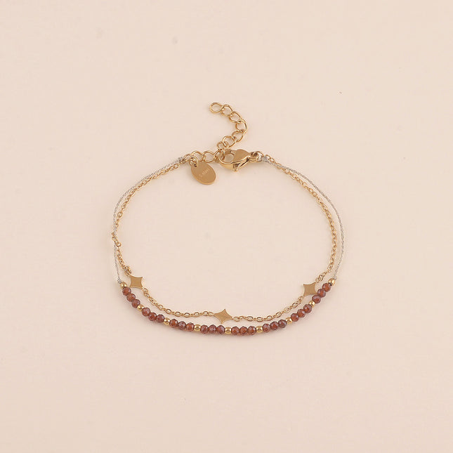 Bracelet 2 rangs - cordon et pierres naturelles, pampilles losanges