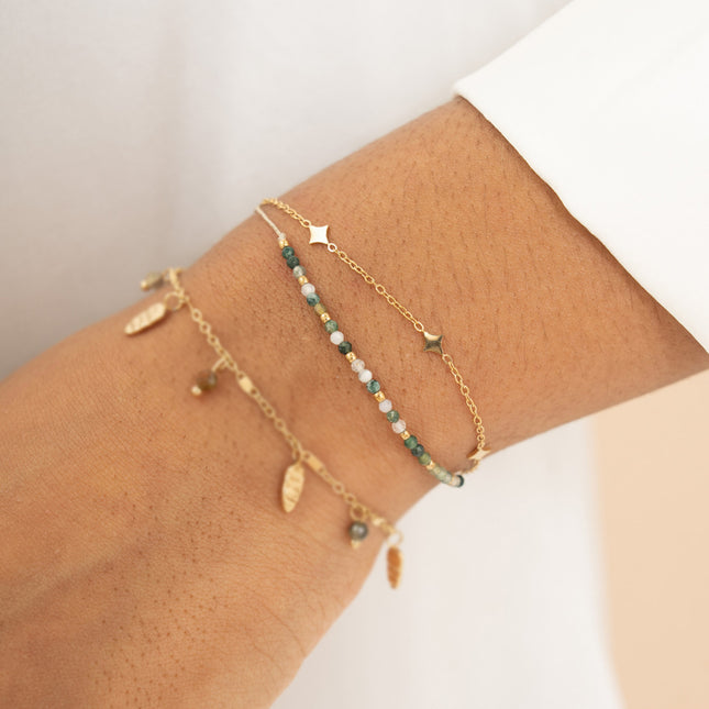 Two-strand bracelet - cord and natural stones, diamond charms