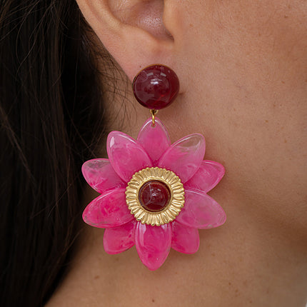 Boucles pendantes - cabochon et fleur en résine