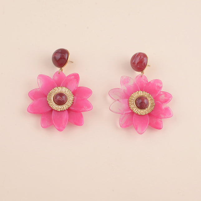 Boucles pendantes - cabochon et fleur en résine