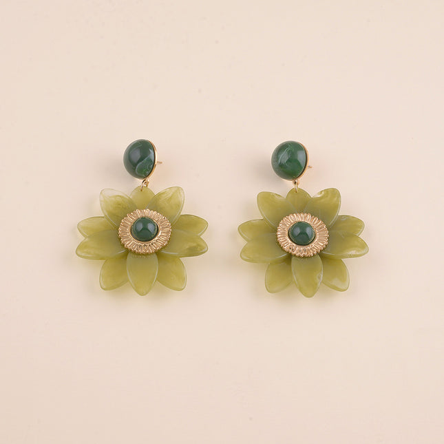 Boucles pendantes - cabochon et fleur en résine