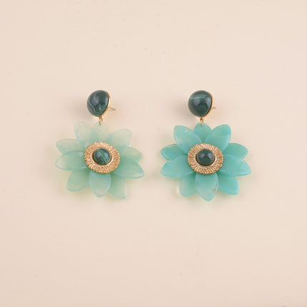 Boucles pendantes - cabochon et fleur en résine