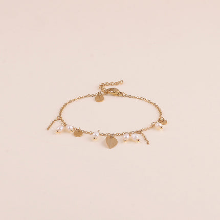 Bracelet - pastilles rondes, perles d'eau douce et pastille feuillage