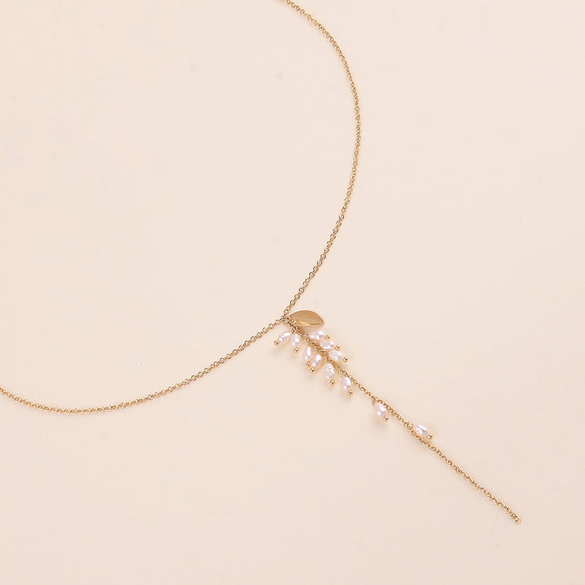 Collier Y - perles d'eau douce et feuillage
