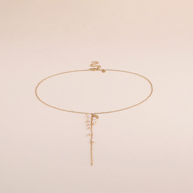 Collier Y - perles d'eau douce et feuillage