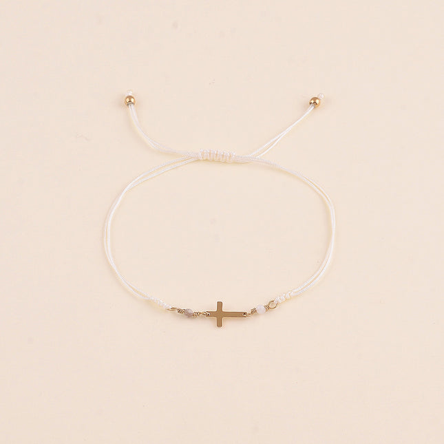Bracelet sur cordon - fermoir coulissant, pierres naturelles et croix religieuse
