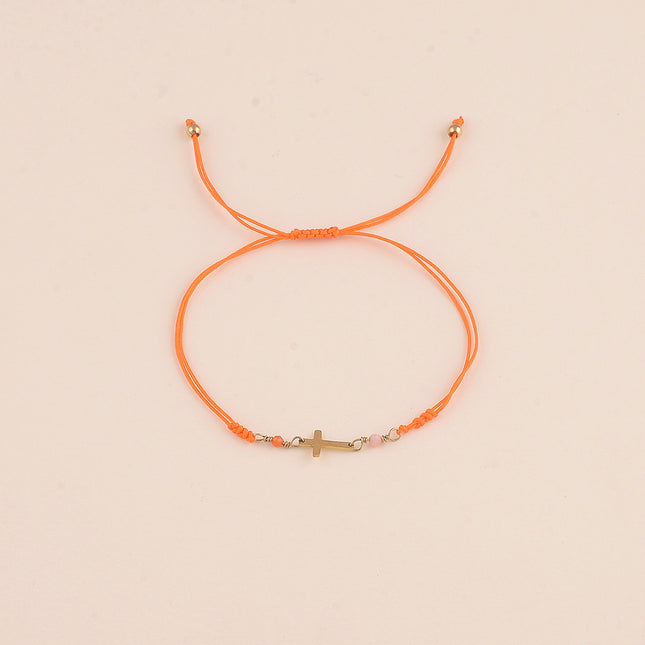 Bracelet sur cordon - fermoir coulissant, pierres naturelles et croix religieuse
