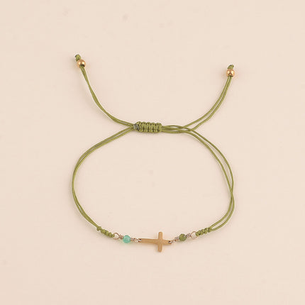 Bracelet sur cordon - fermoir coulissant, pierres naturelles et croix religieuse