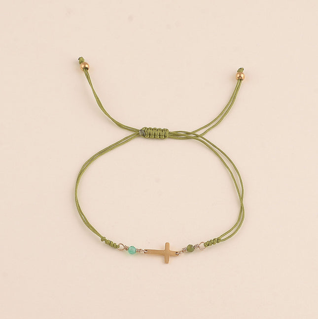 Bracelet sur cordon - fermoir coulissant, pierres naturelles et croix religieuse