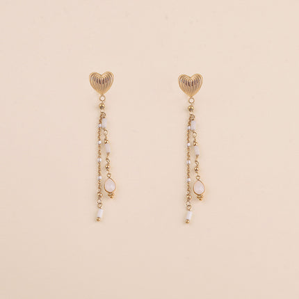 Boucles pendantes - coeur et chaînes pendantes avec émail, pierres naturelles et cristal goutte