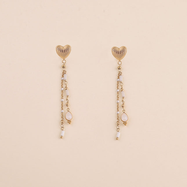Boucles pendantes - coeur et chaînes pendantes avec émail, pierres naturelles et cristal goutte