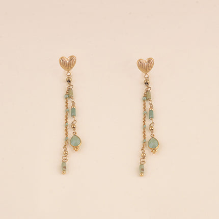 Boucles pendantes - coeur et chaînes pendantes avec émail, pierres naturelles et cristal goutte