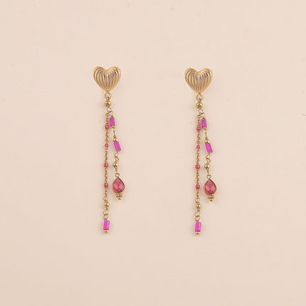 Boucles pendantes - coeur et chaînes pendantes avec émail, pierres naturelles et cristal goutte