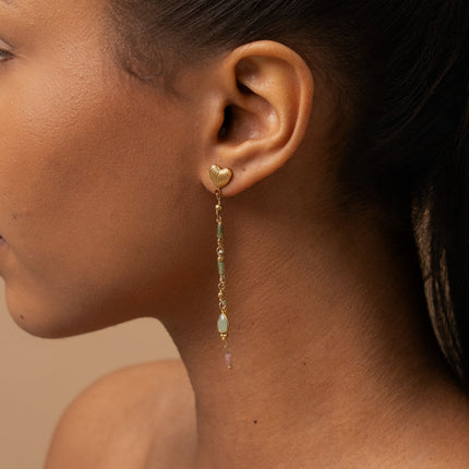 Boucles pendantes - coeur et chaînes pendantes avec émail, pierres naturelles et cristal goutte