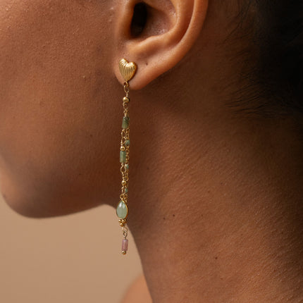 Boucles pendantes - coeur et chaînes pendantes avec émail, pierres naturelles et cristal goutte