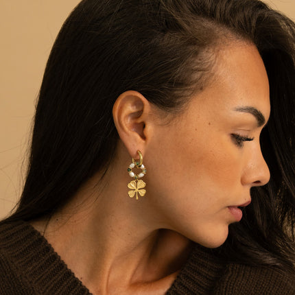 Hoop earrings - natural stone, freshwater pearl, clover