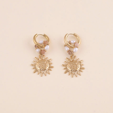Créoles - anneau de perles d'eau douce et de pierres naturelles, soleil