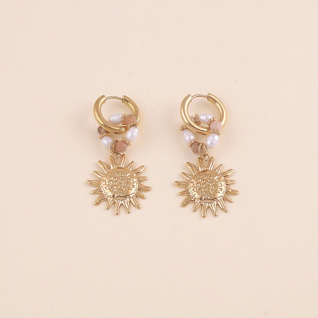 Créoles - anneau de perles d'eau douce et de pierres naturelles, soleil