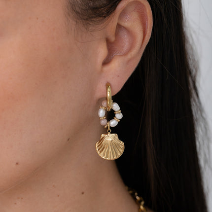 Hoop earrings - natural stone, freshwater pearl and shell