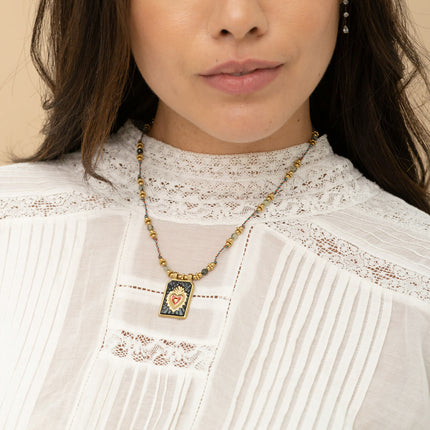 Long necklace on cord - natural stones, rectangular pendant and heart