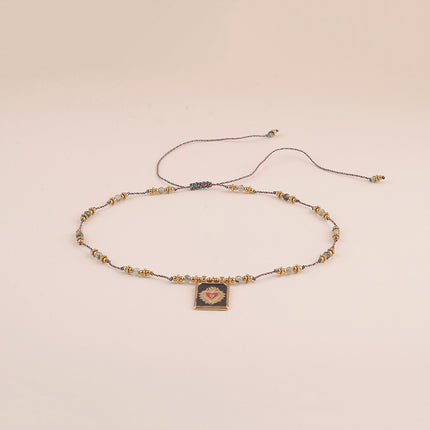 Sautoir sur cordon - pierres naturelles, pendentif rectangulaire et coeur