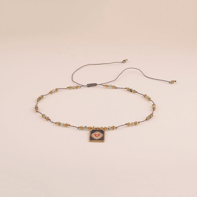 Sautoir sur cordon - pierres naturelles, pendentif rectangulaire et coeur