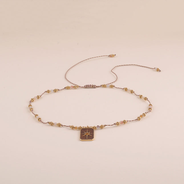 Sautoir sur cordon - pierres naturelles, pendentif rectangulaire, étoile et coeur