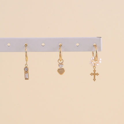 Set de 3 boucles - barre de cristaux, coeur, croix avec perles d'eau douce