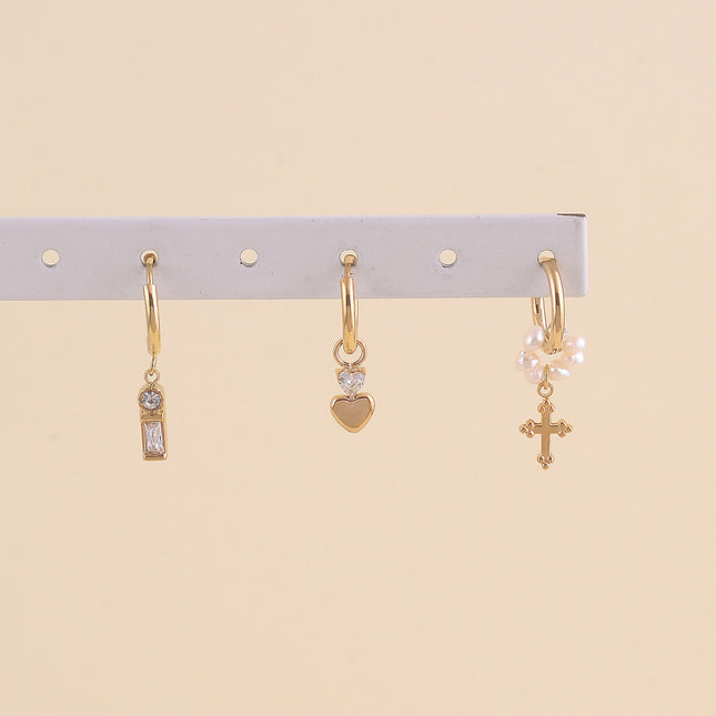 Set de 3 boucles - barre de cristaux, coeur, croix avec perles d'eau douce