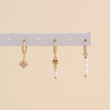 Set de 3 boucles - étoile avec cristal, coeur et perles d'eau douce