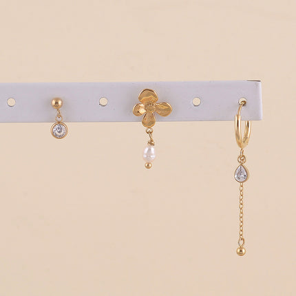 Set de 3 boucles - cristaux, fleur avec perle d'eau douce et chaîne pendante et boule