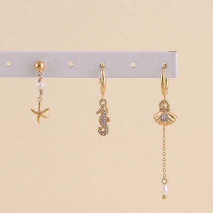 Set de 3 boucles - étoile de mer, hippocampe, perle d'eau douce et coquillage avec cristal