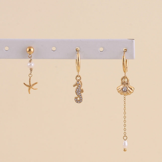Set de 3 boucles - étoile de mer, hippocampe, perle d'eau douce et coquillage avec cristal