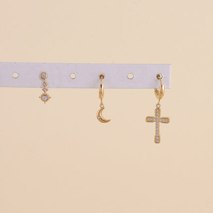 Set de 3 boucles - cristaux, croissant de lune et croix religieuse