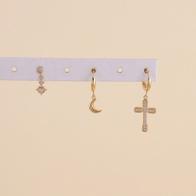 Set de 3 boucles - cristaux, croissant de lune et croix religieuse