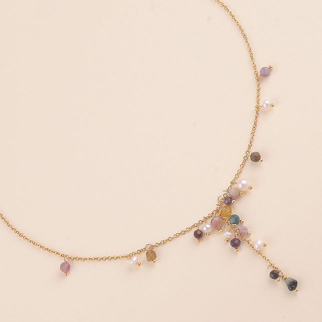 Collier Y - perles d'eau douce et pierres naturelles
