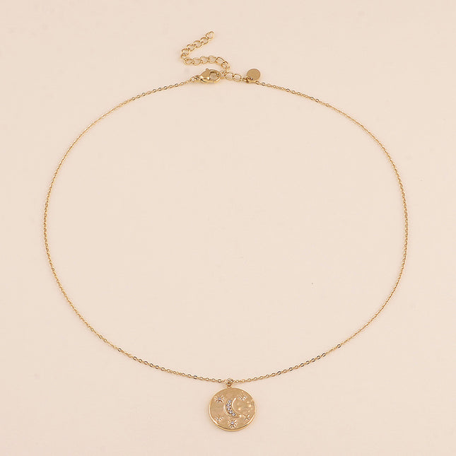 Collier - médaillon rond, lune, étoiles et oxydes de zirconium